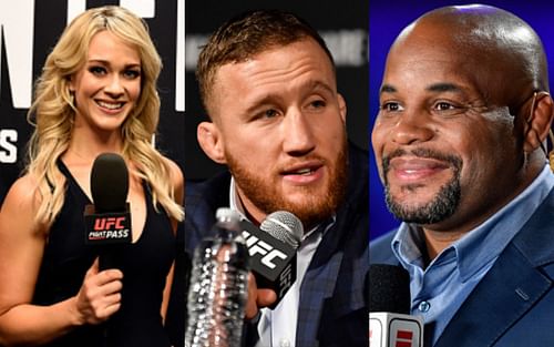 Laura Sanko (left); Justin Gaethje (center); Daniel Cormier (right)