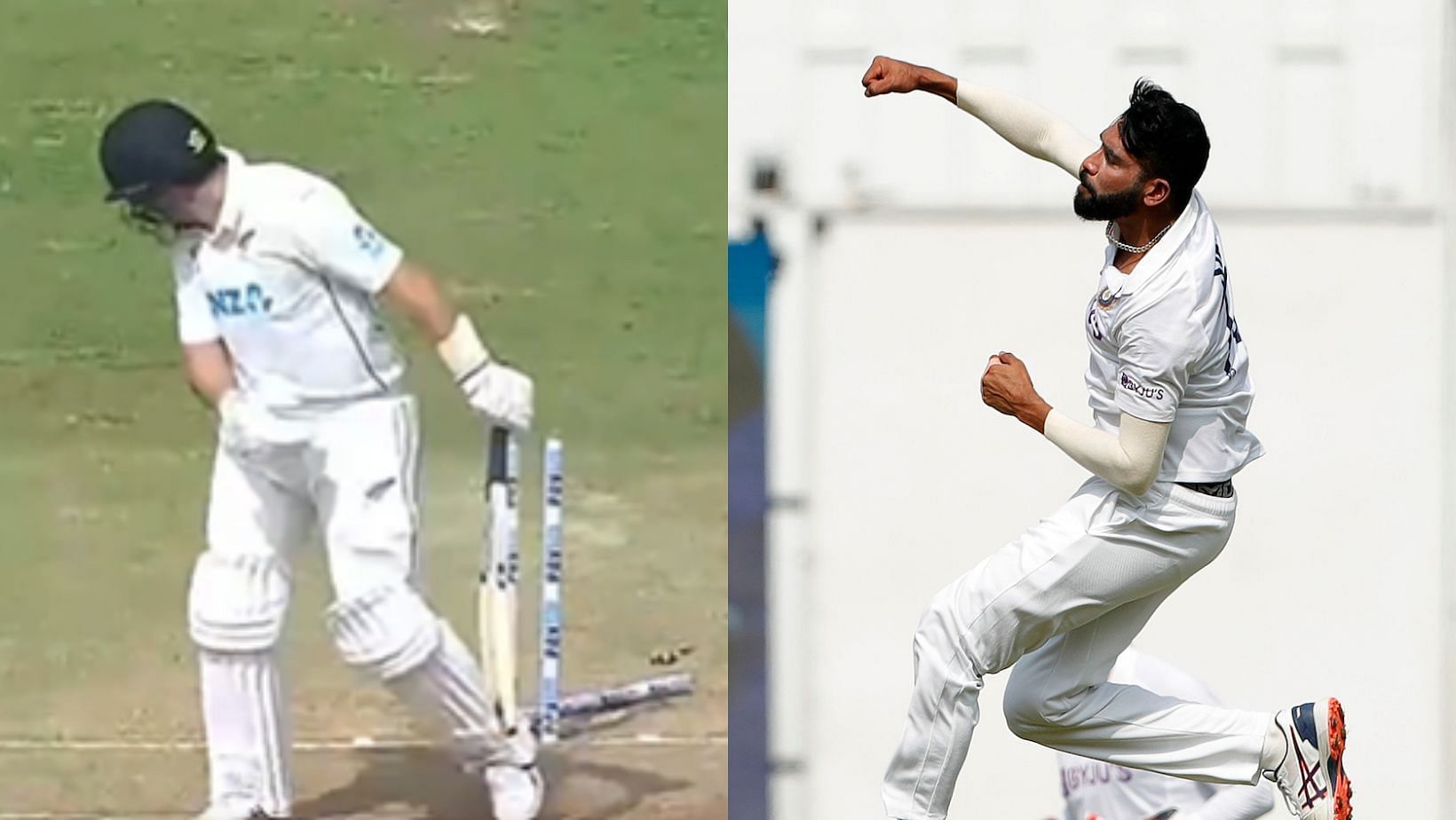 Ross Taylor&#039;s disturbed stumps (L) and Mohammed Siraj&#039;s flying celebration (R)