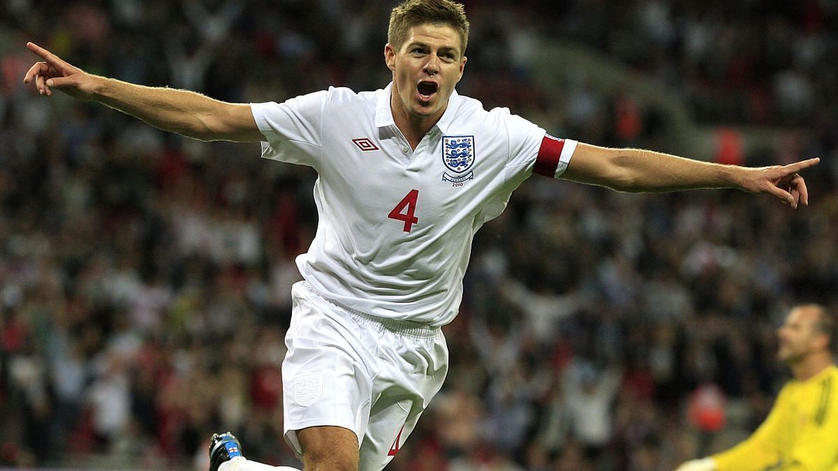 Former England midfielder Steven Gerrard celebrating a goal for The Three Lions.