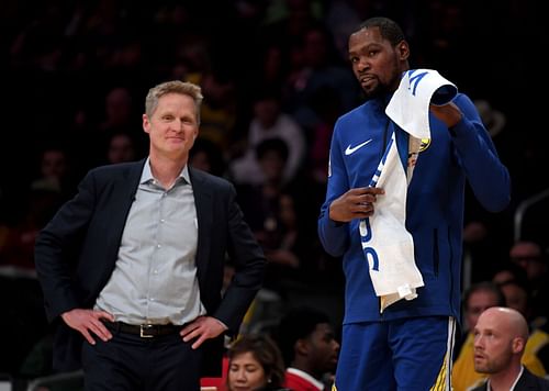 Steve Kerr and Kevin Durant of the Golden State Warriors in 2019.