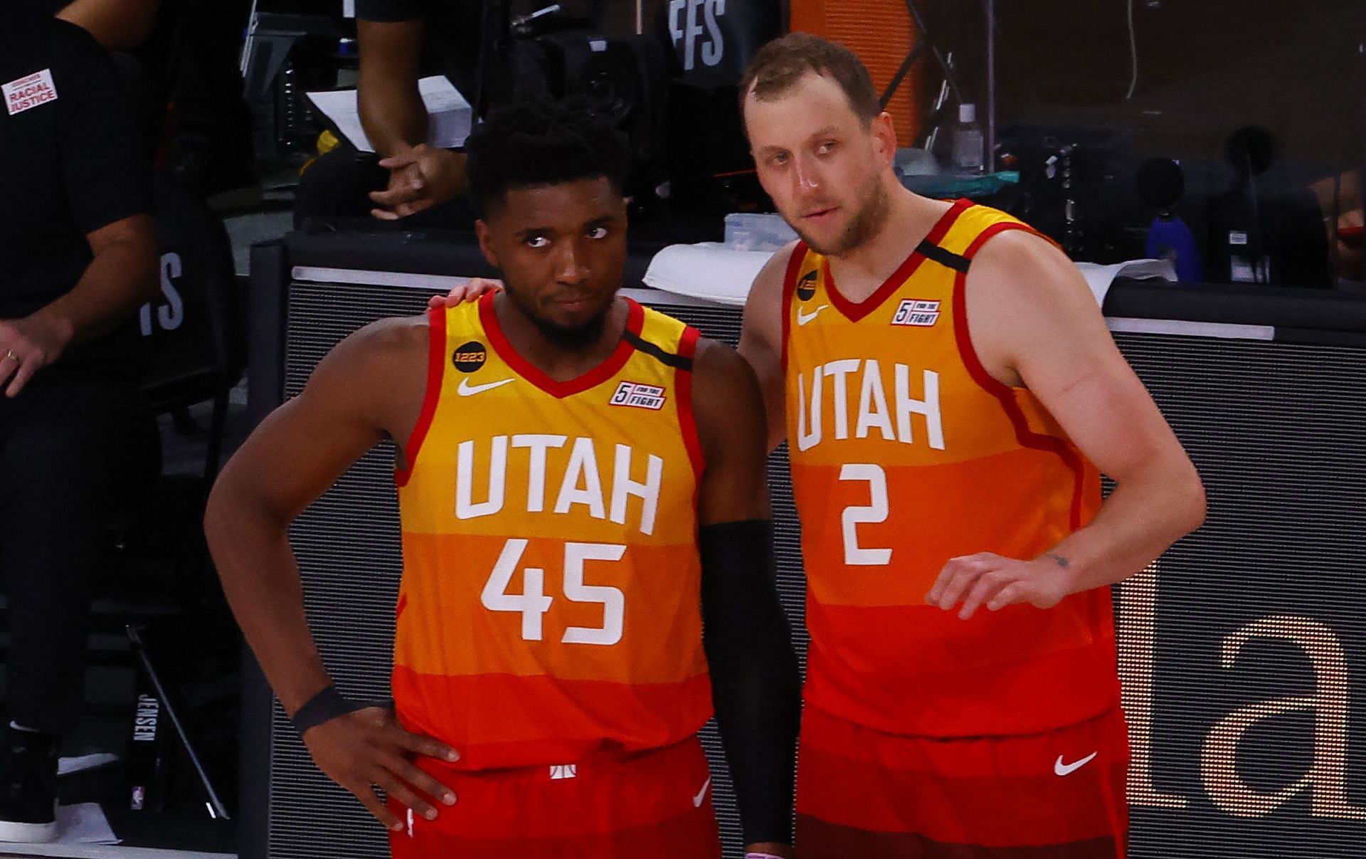 Donovan Mitchell and Joe Ingles of the Utah Jazz