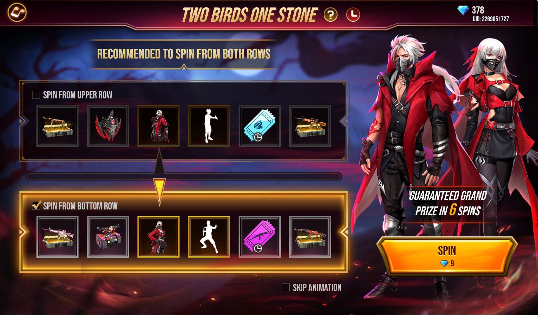 The cost of spins will vary if users select only a single row (Image via Free Fire)