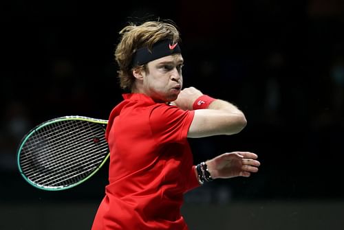 Andrey Rublev in action for Russia during the Davis Cup Finals 2021