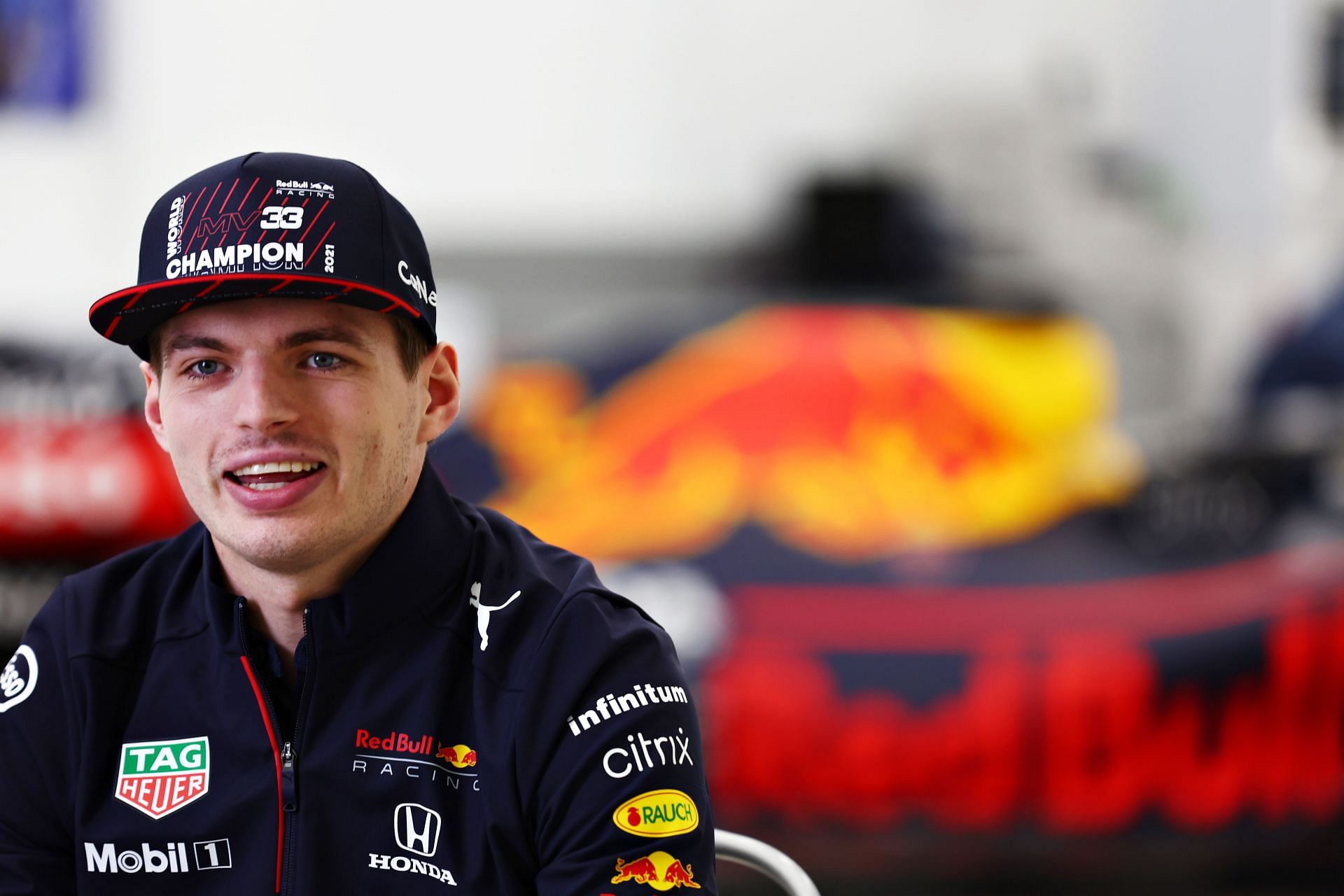 2021 F1 World Drivers&#039; Champion Max Verstappen talks to the media at Red Bull Racing Factory in Milton Keynes, England. (Photo by Mark Thompson/Getty Images)