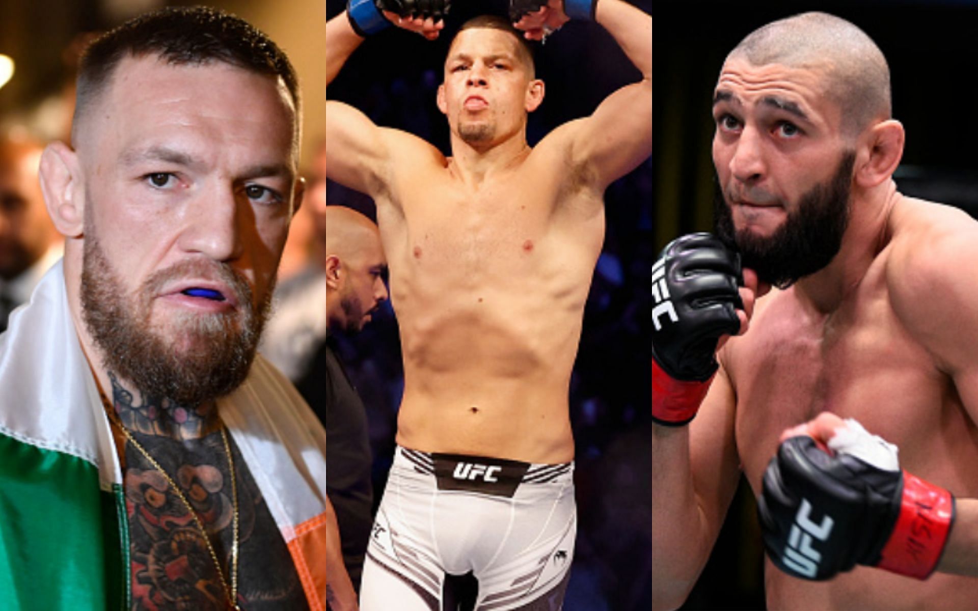 Conor McGregor (left); Nate Diaz (center); Khamzat Chimaev (right)