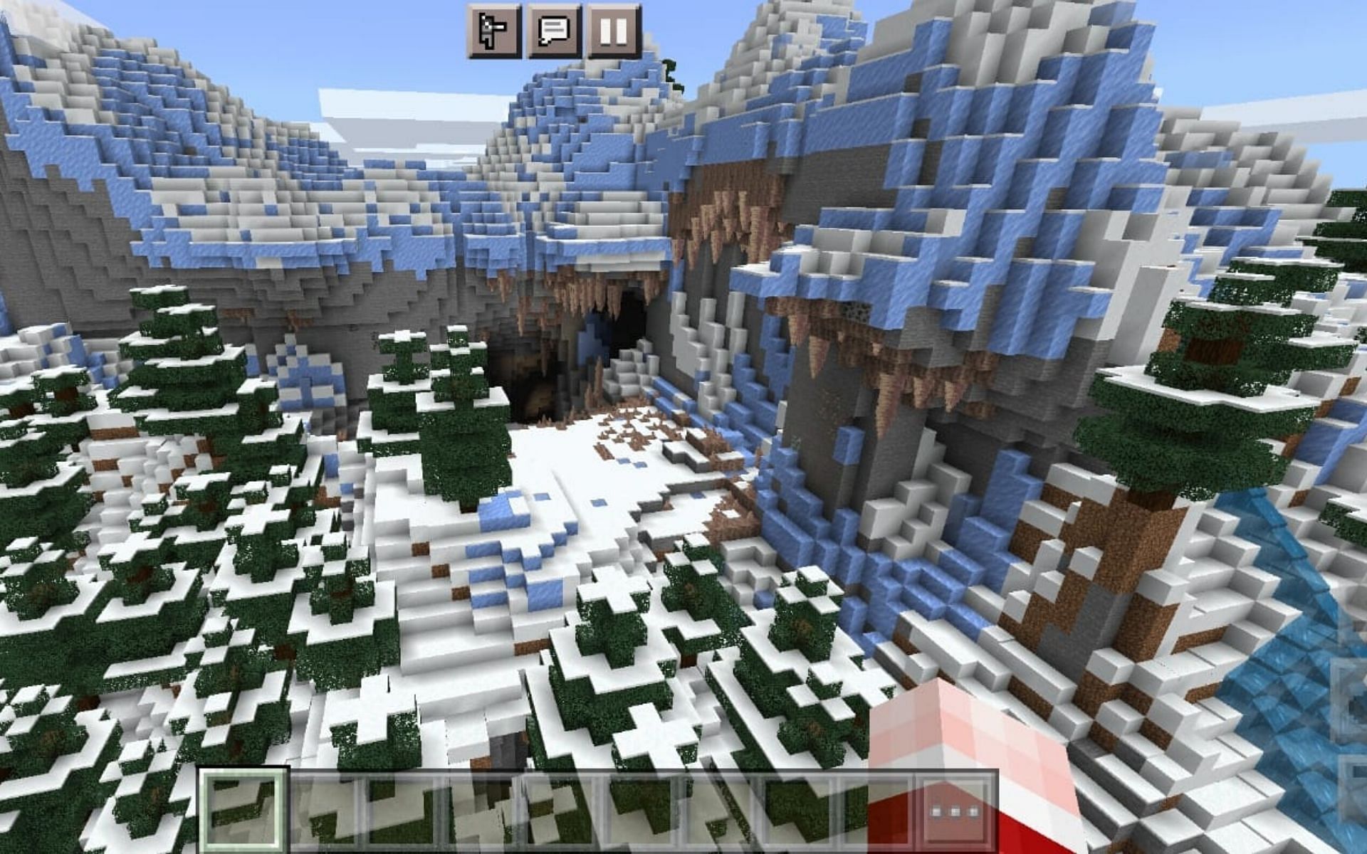 Dripstone cave exposed and surrounded by frozen peaks (Image via Minecraft)