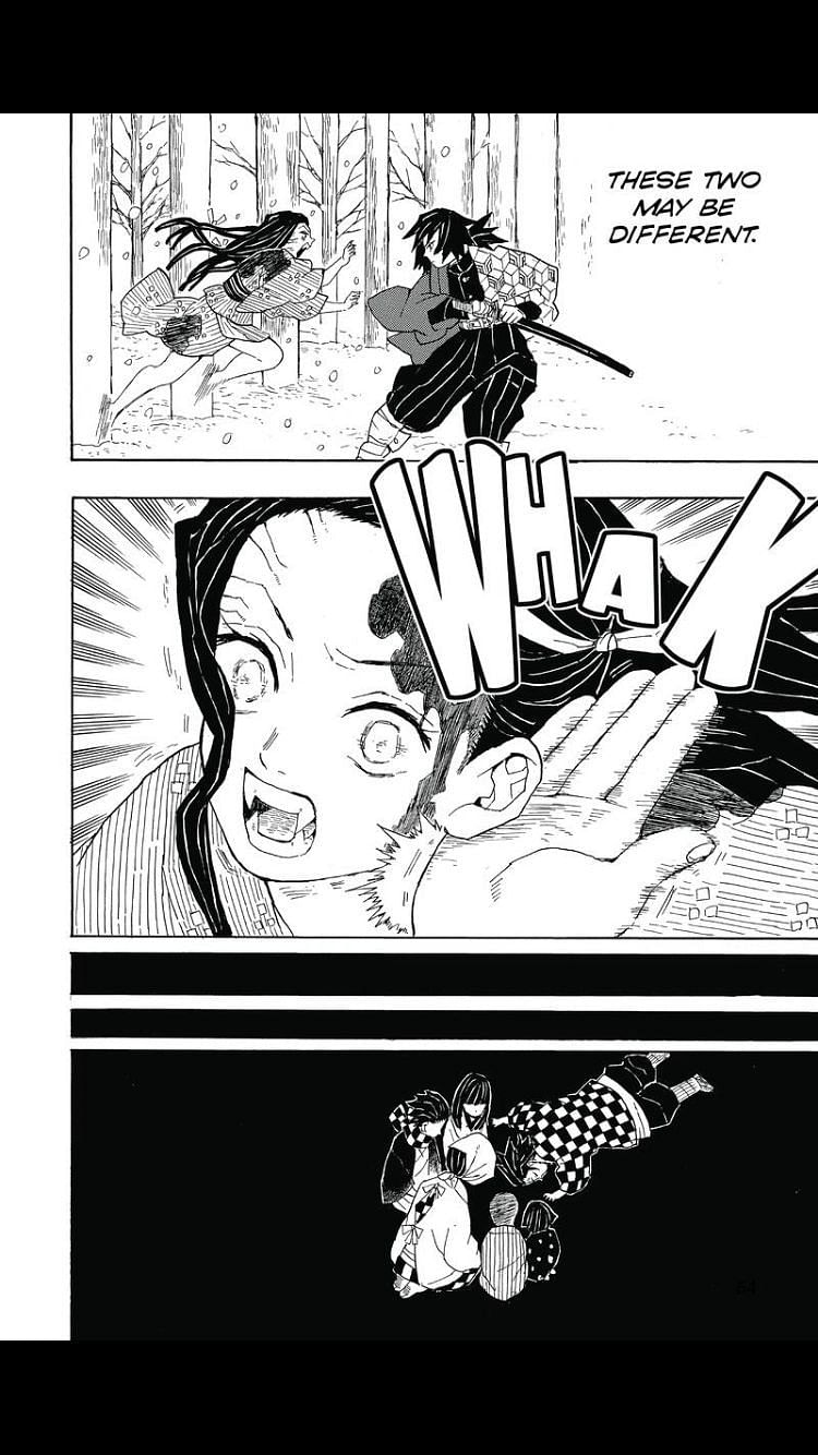 Giyu safely incapacitates Nezuko while remarking the two siblings seem different. (Image via Shueisha Shonen Jump app)