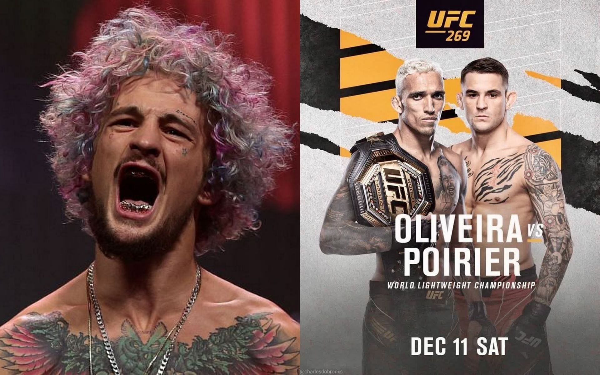 Sean O&#039;Malley (left); Charles Oliveira vs. Dustin Poirier poster (right) [Photo credit: @ufc on Facebook]