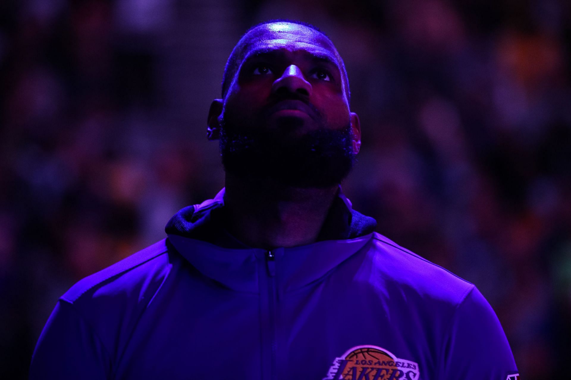 LA Lakers&#039; LeBron James looks on as the national anthem plays before a game