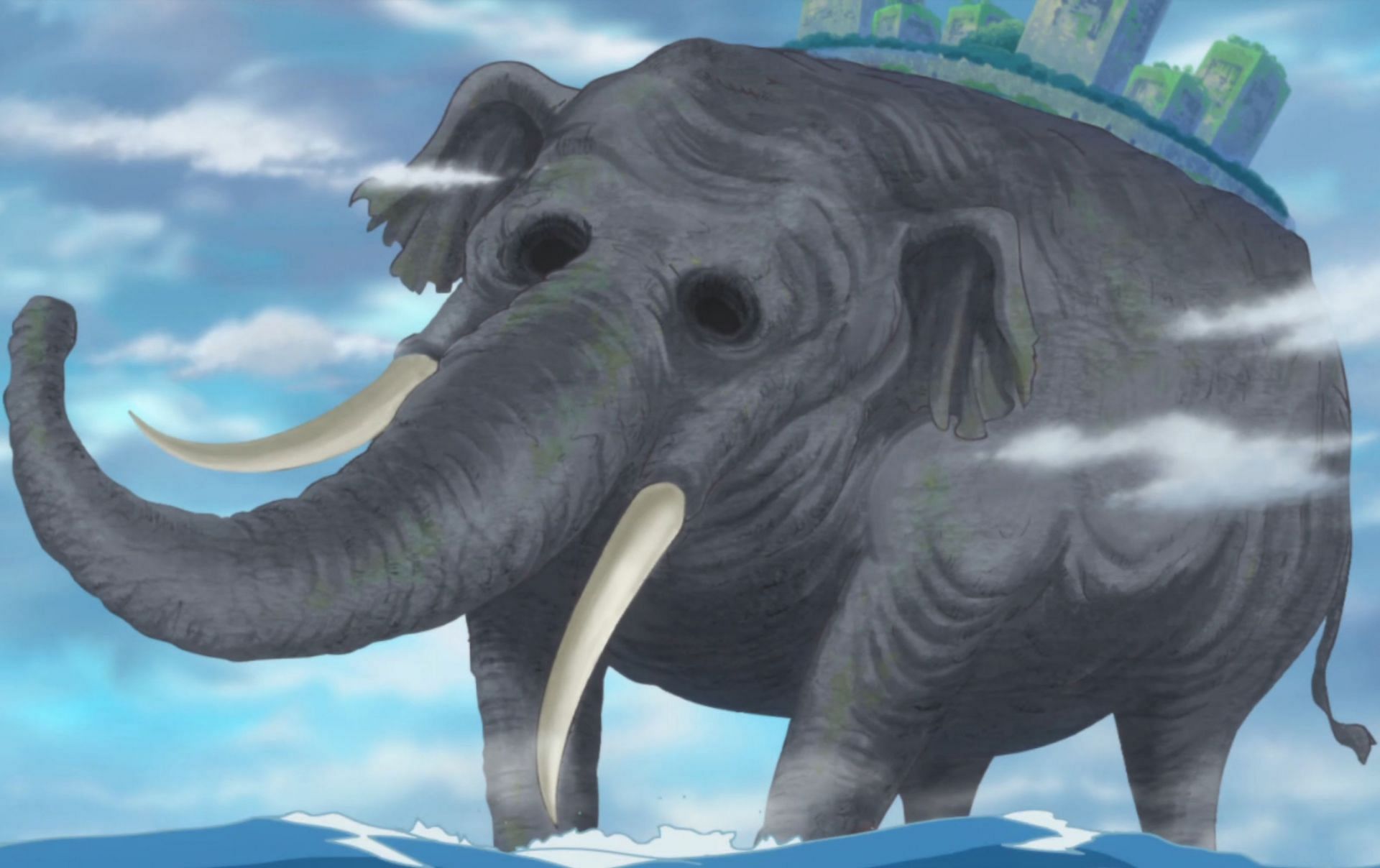 The giant elephant Zunesha seen walking the sea with Zou on its back (Image via Toei Animation)