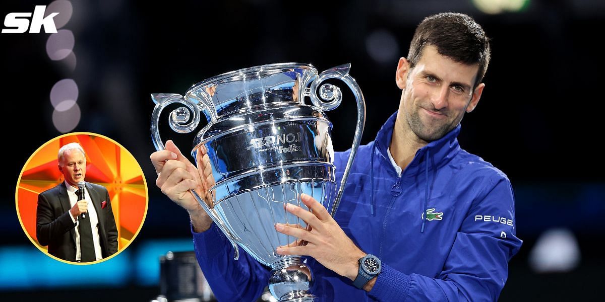 Novak Djokovic celebrates winning a record seventh ATP year-end No. 1 trophy