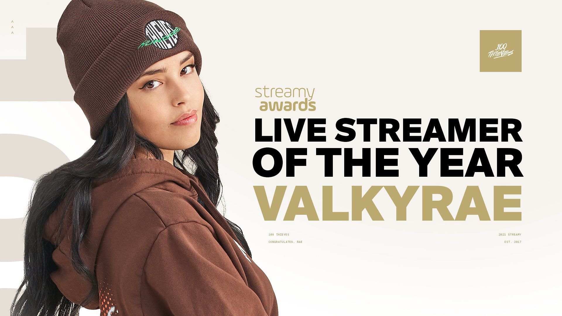 Valkyrae wins Live Streamer Award at the YouTube Streamy Awards ahead of NICKMERCS and Shroud (Image via 100 Thieves)