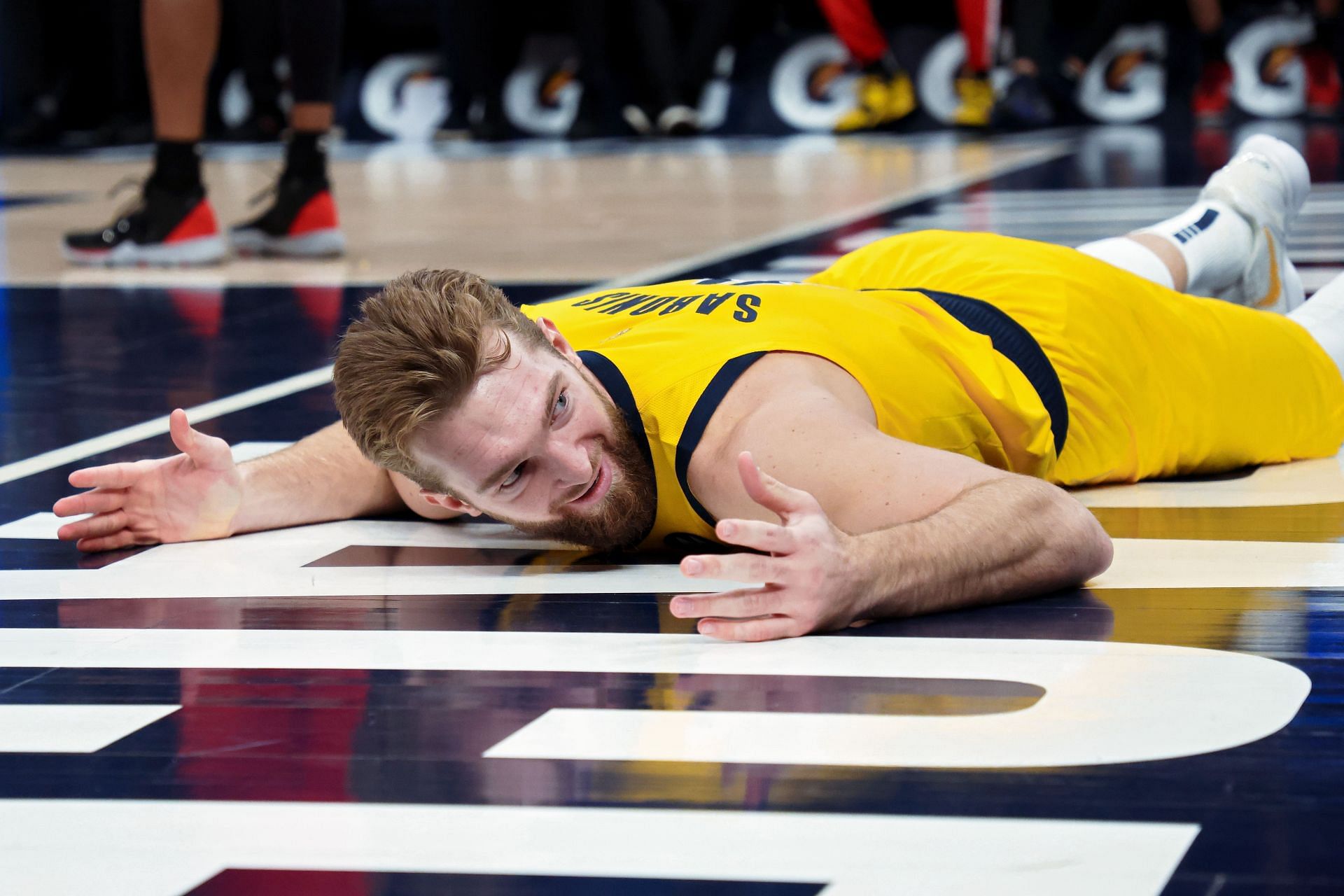 Domantas Sabonis reacts after being fouled against the Toronto Raptors New York Knicks v Indiana Pacers