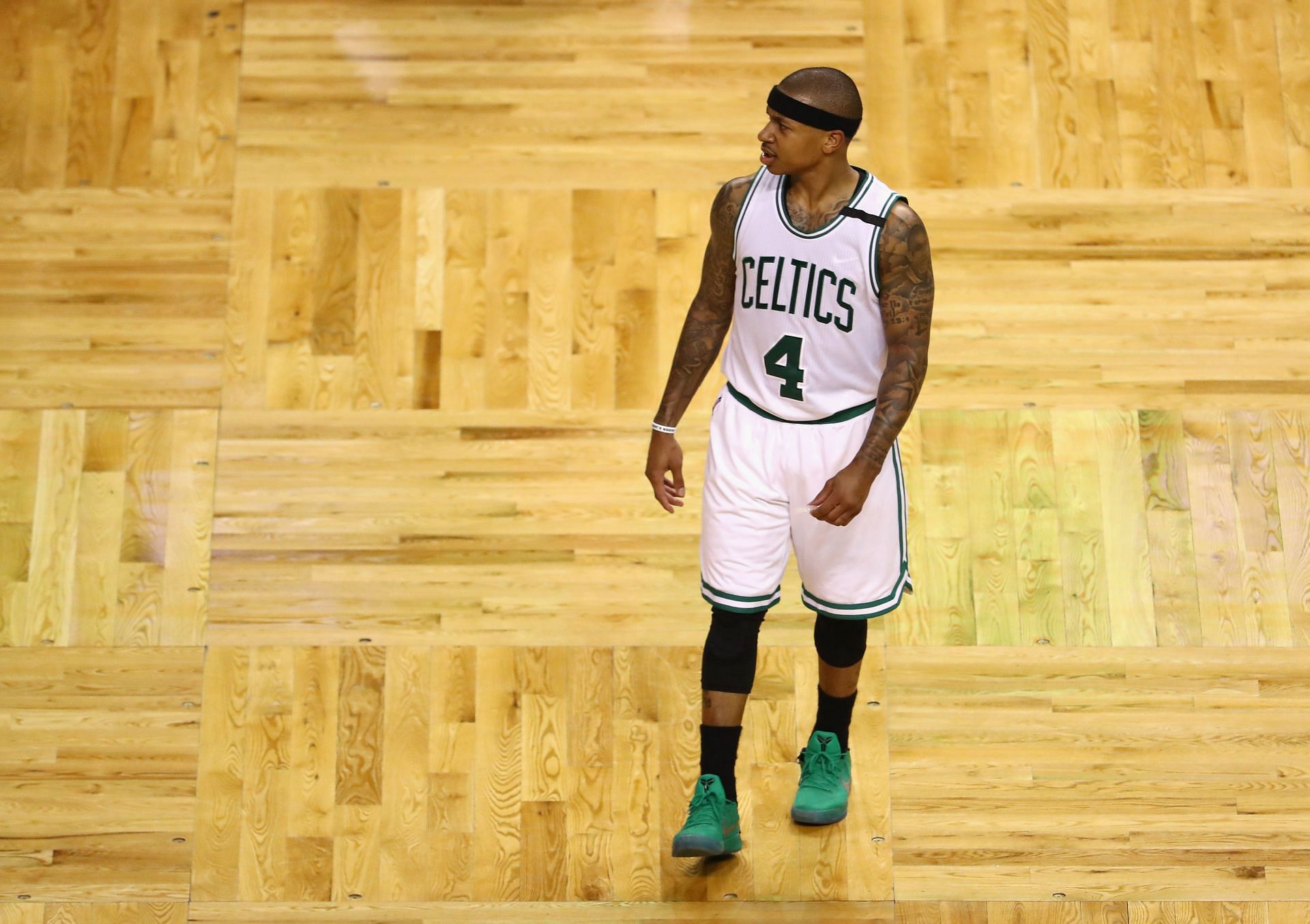 Isaiah Thomas of the Boston Celtics reacts in the first half against the Cleveland Cavaliers during Game 2 of the 2017 NBA Eastern Conference finals