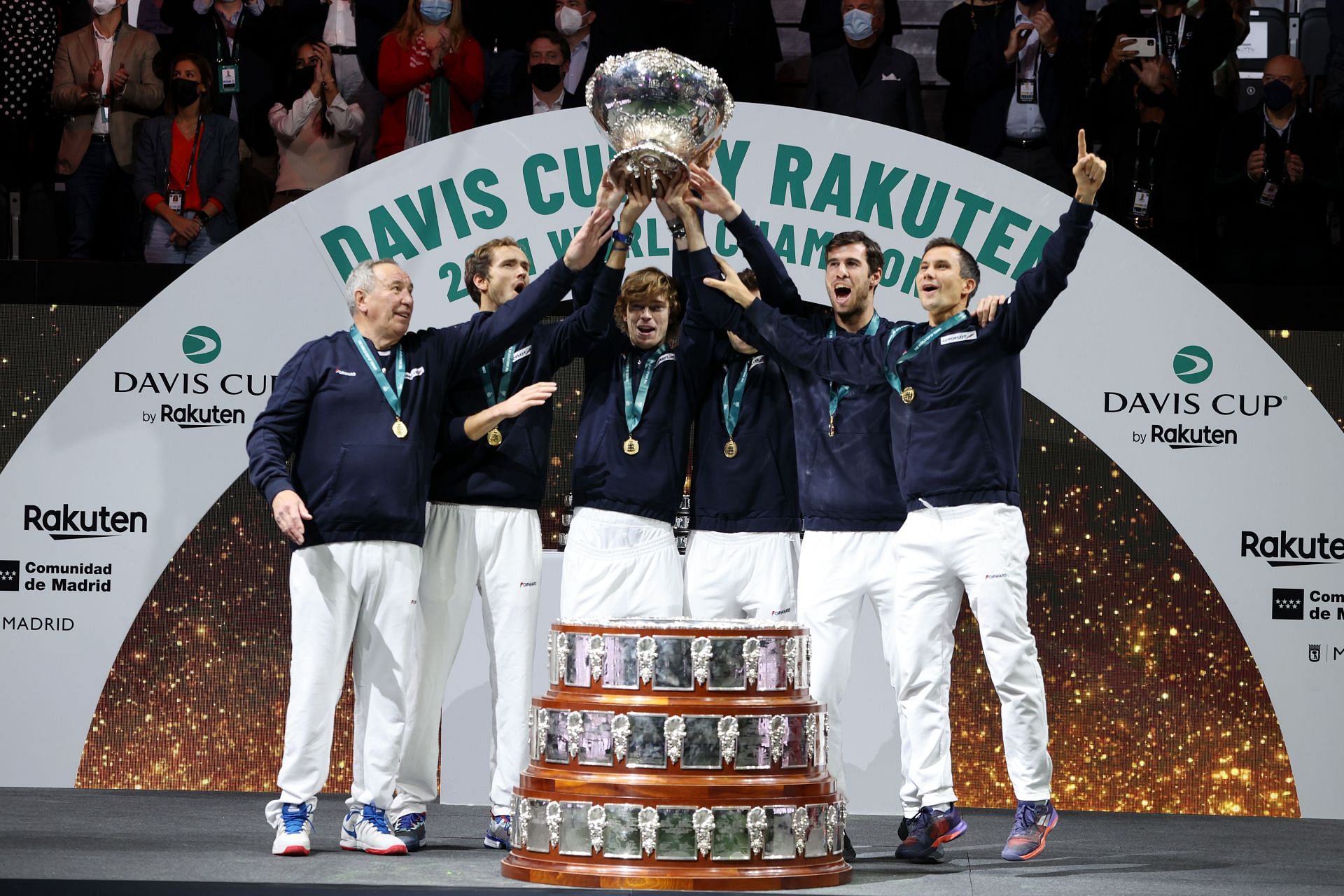 The Russian Tennis Federation celebrating their win over Croatia at the 2021 Davis Cup Finals.