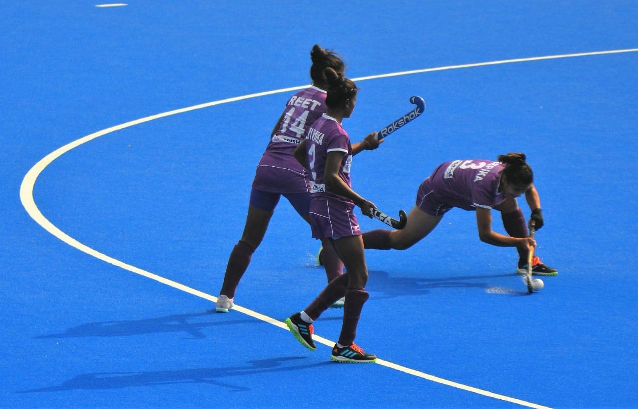 Indian women junior hockey team&#039;s Deepika scoring a goal against SAI B. (PC: SAI Media)