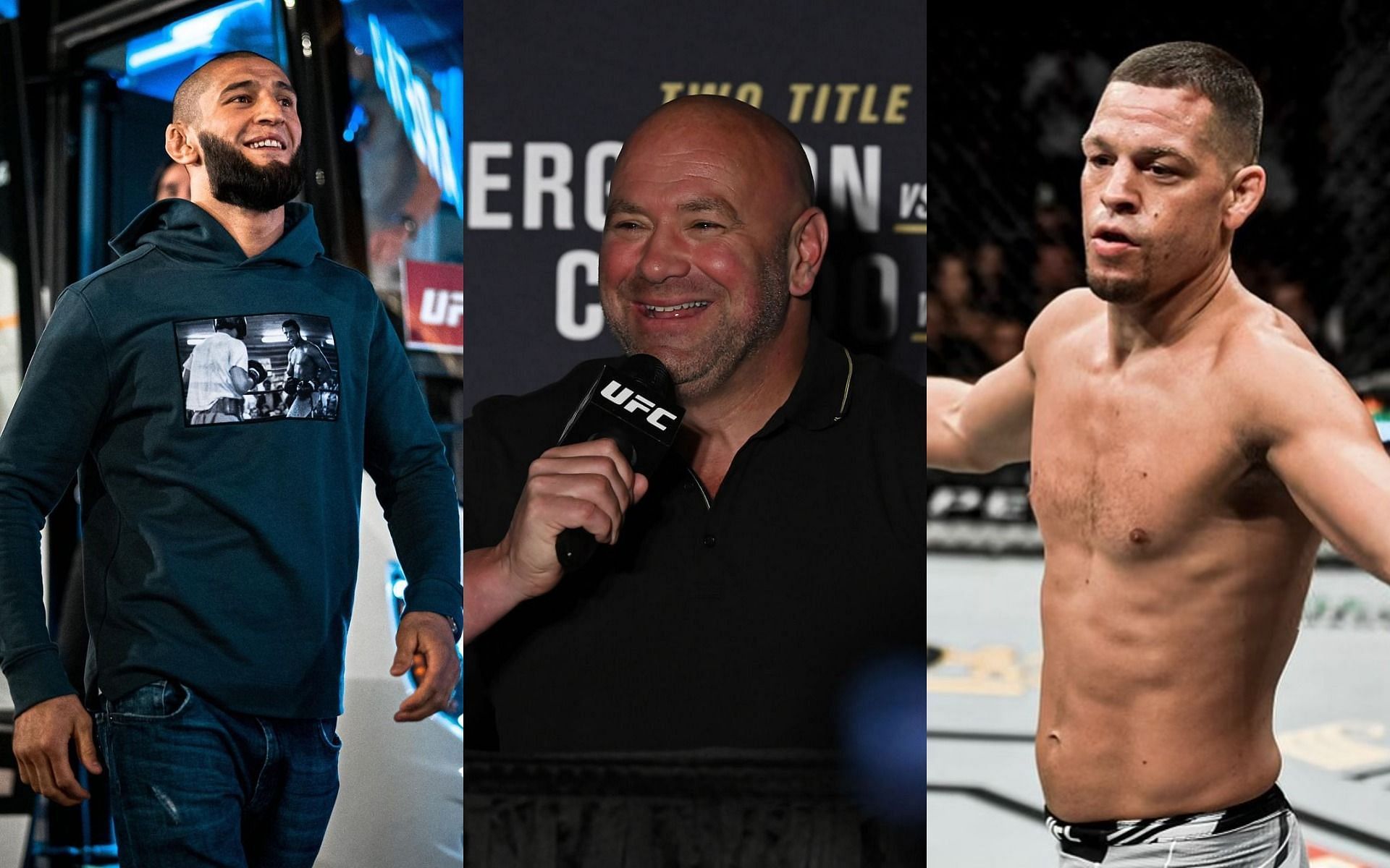 Khamzat Chimaev (left), Dana White (Central), Nate Diaz (right) [Images courtesy: @khamzat_chimaev @natediaz 209 on Instagram, &amp; Getty - UFC 249 Ferguson v Gaethje]