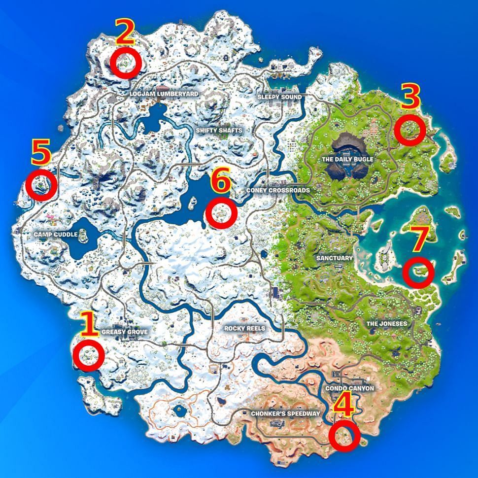 Mappa che mostra le posizioni del caveau di Fortnite Capitolo 3 Stagione 1.  (Immagine tramite Epic Games)