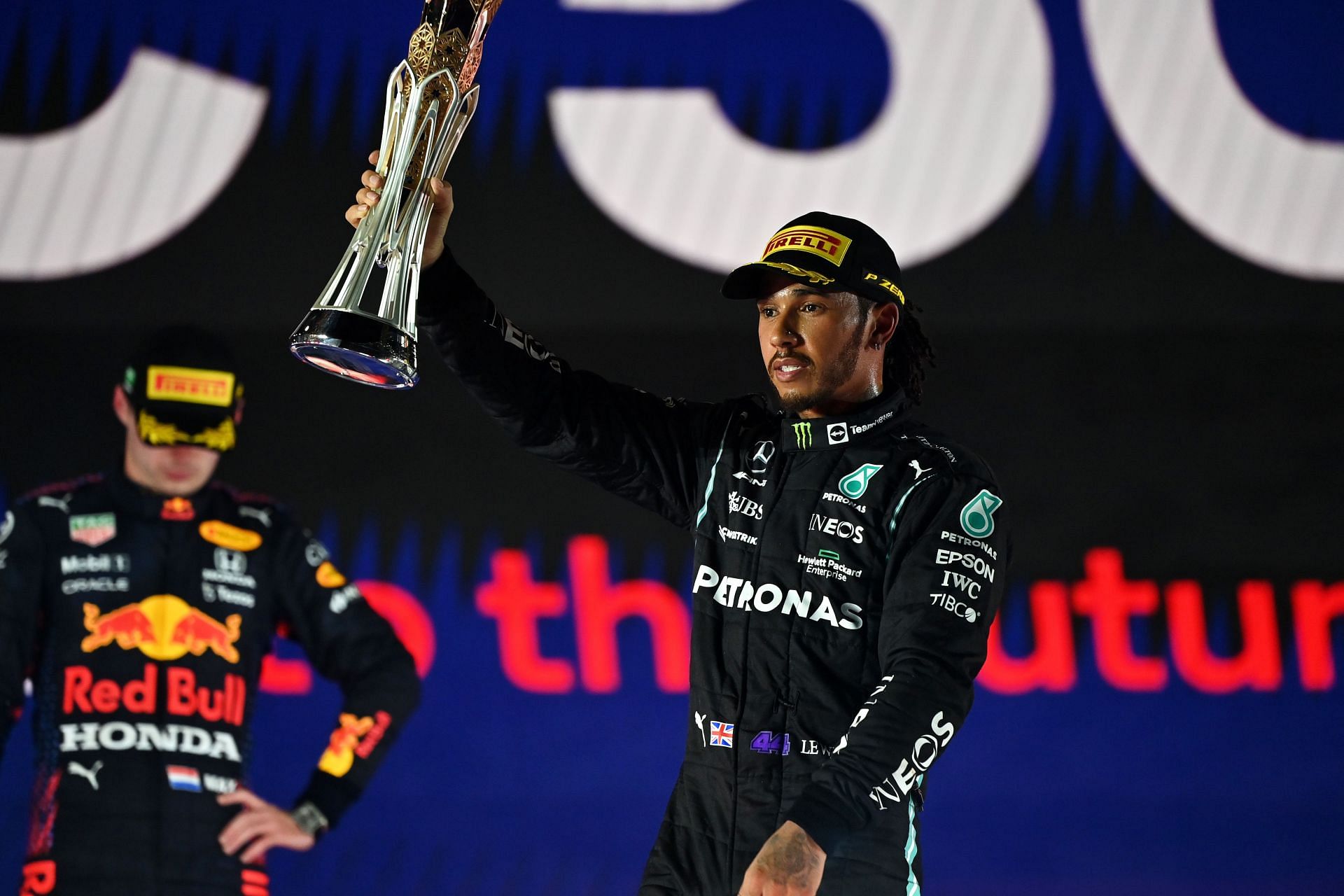Lewis Hamilton with his trophy for the winner of the F1 Grand Prix of Saudi Arabia