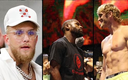 Jake Paul (left), Floyd Mayweather (center), and Logan Paul (right)