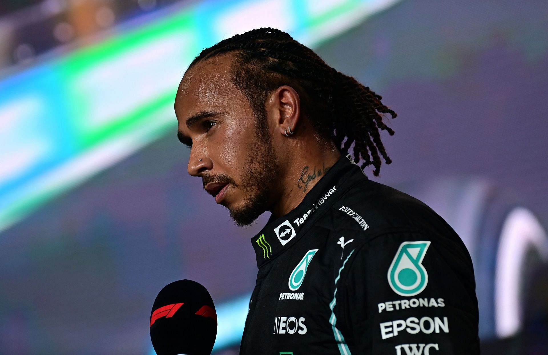 Lewis Hamilton talks in an interview in parc ferm&eacute; during the 2021 Saudi Arabian Grand Prix. (Photo by Andrej Isakovic - Pool/Getty Images)