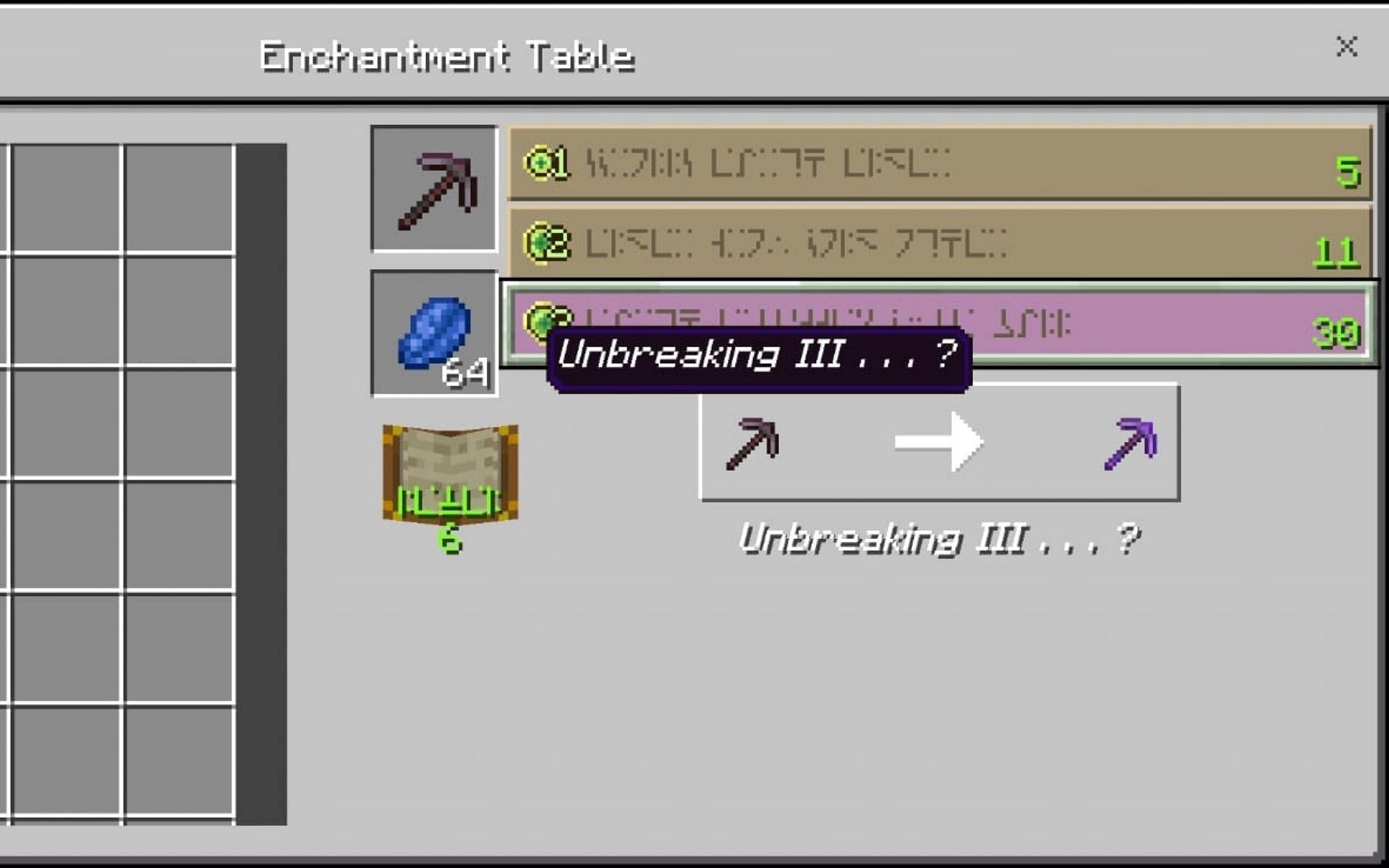 Unbreaking enchantment can be placed on all armors and tools and increases the durability of the item (Image via Minecraft)