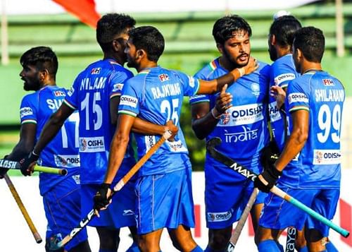 2021 Men's Asian Champions Trophy: Harmanpreet Singh celebrating with teammates (Pic Credit: Hockey India)