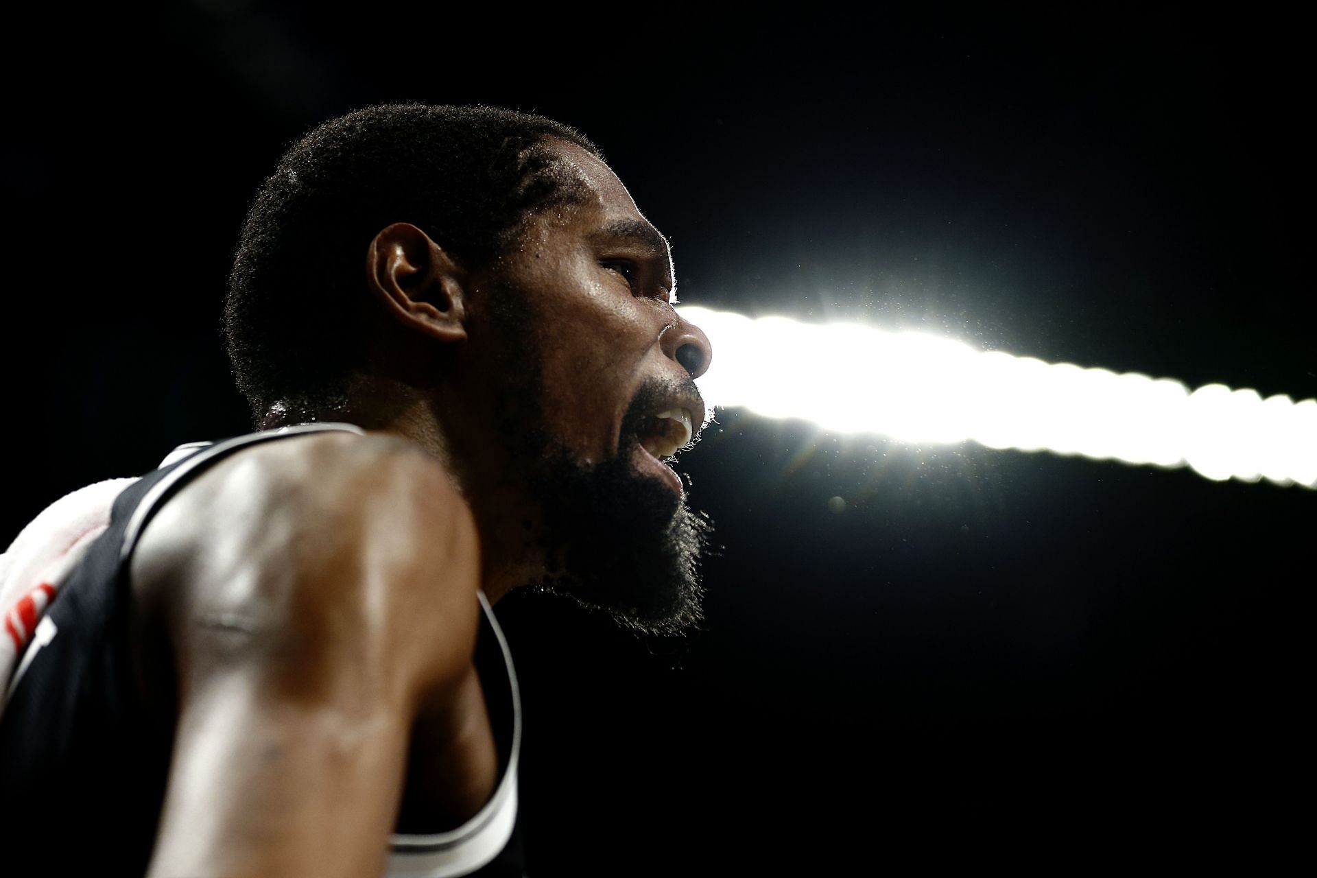 Kevin Durant of the Brooklyn Nets reacts during the first half against the Toronto Raptors at Barclays Center on Dec. 14, 2021, in the Brooklyn borough of New York City.
