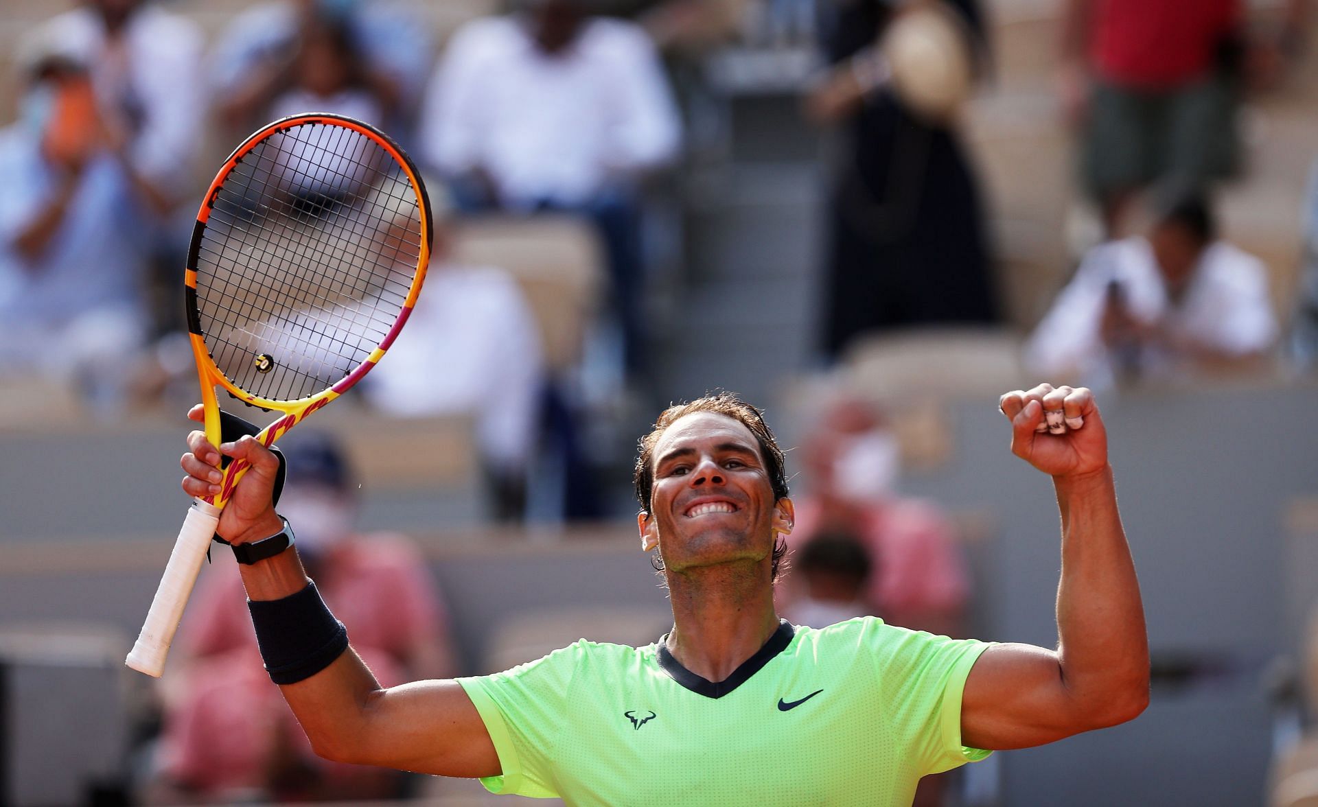 Rafael Nadal celebrates beating Diego Schwartzman in the quarterfinals of the 2021 French Open