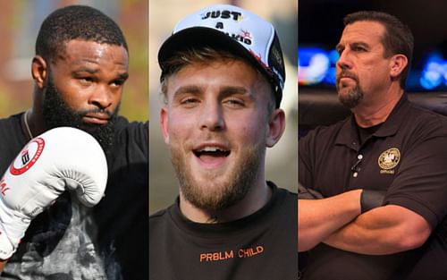 Tyron Woodley (left); Jake Paul (center); John McCarthy (right)