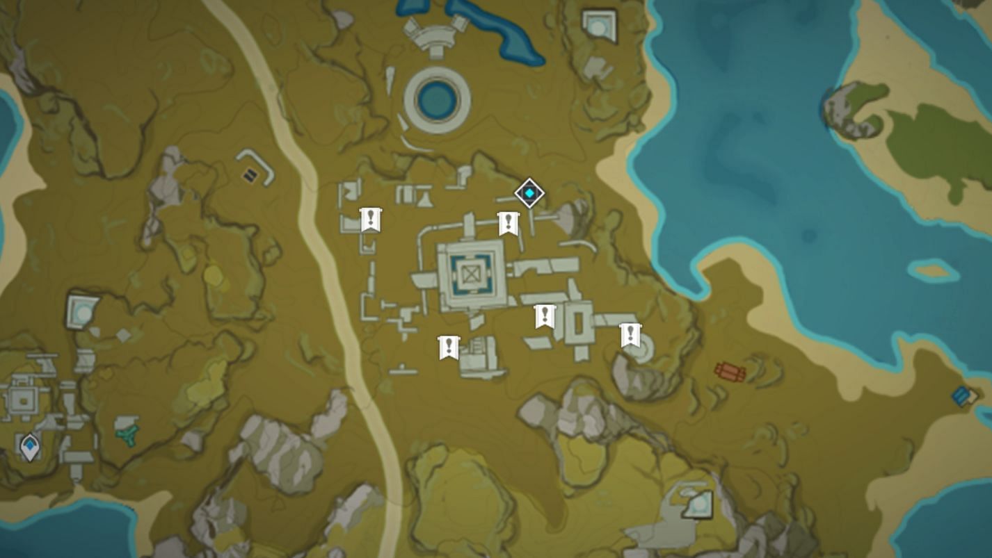 Map locations for the five stone tablets (Image via Genshin Impact)