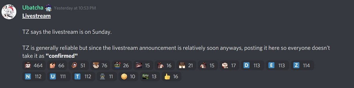 Ubatcha believes the Genshin Impact 2.4 livestream will take place on Sunday (Image via Discord/Wangsheng Funeral Parlor server)