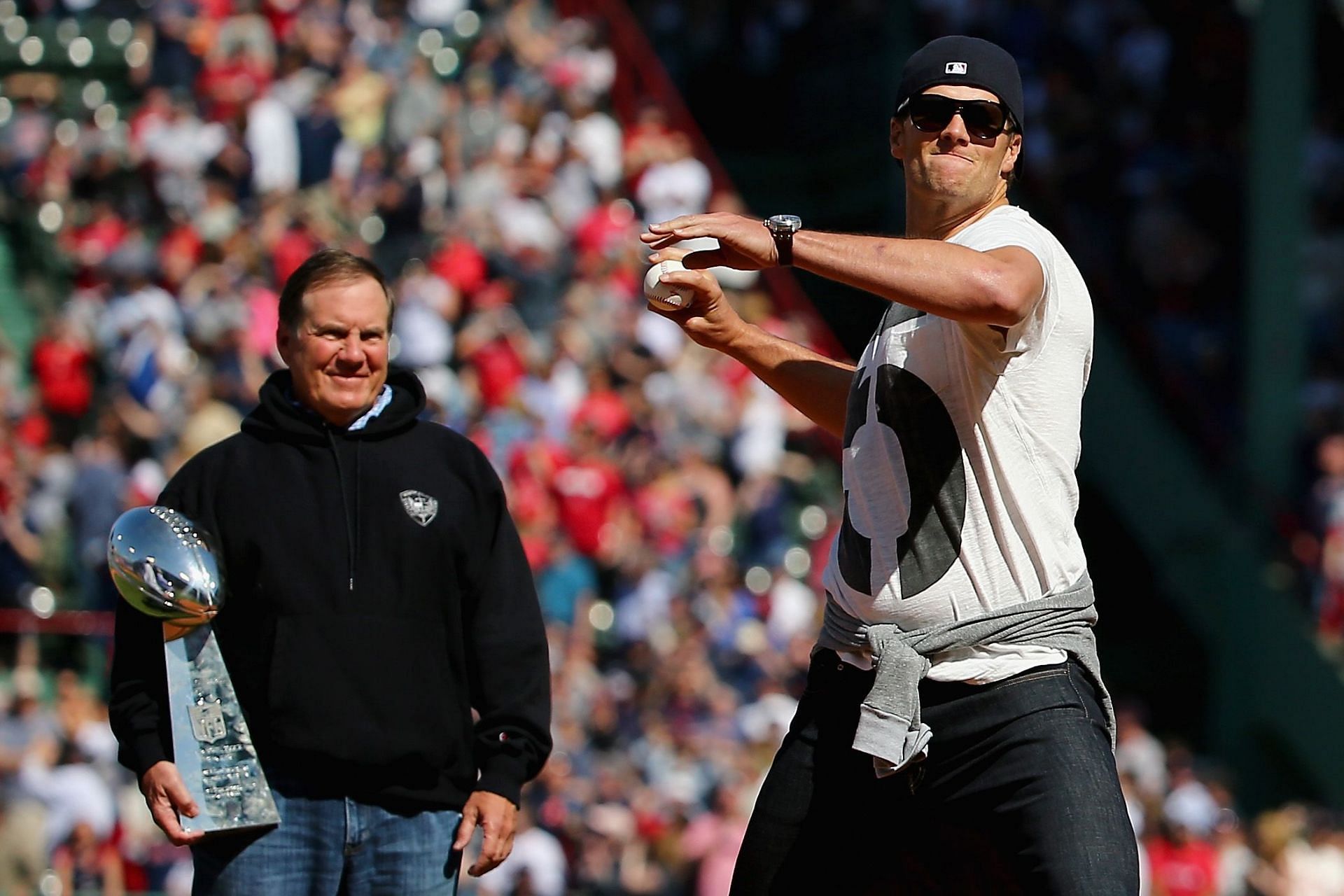 Bill Belichick and Tom Brady at a Boston Red Sox game