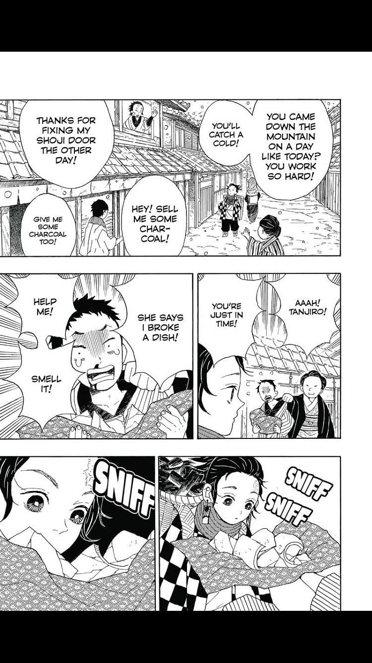 Tanjiro receives praise and pleads for favors from townsfolk. (Image via Shueisha Shonen Jump app)