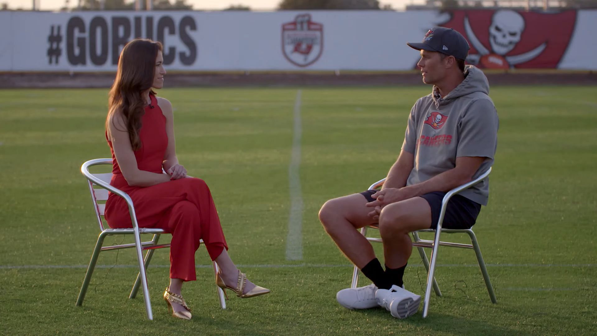 Brady talking with Casey Phillips. Photo via Tamp Bay Buccaneers Youtube.