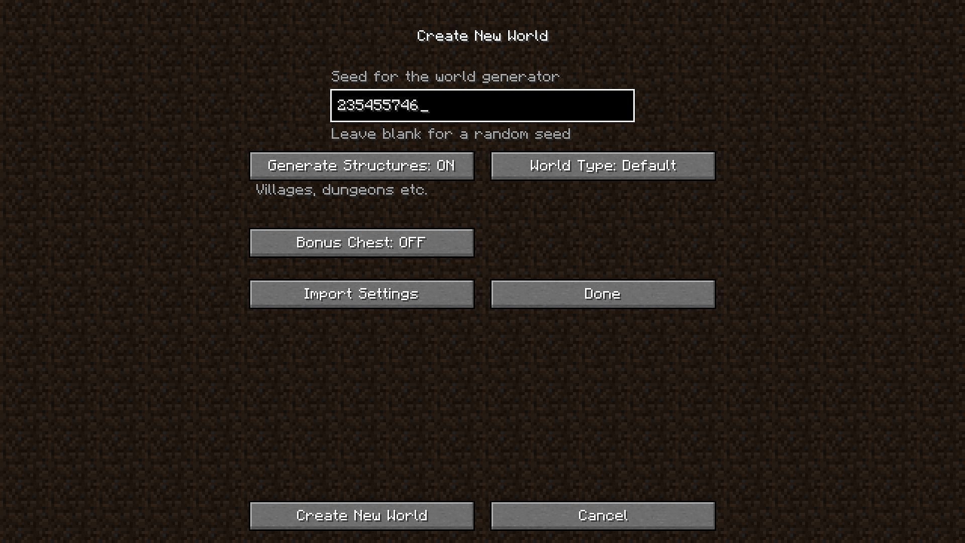 The seed generating screen (Image via Minecraft)