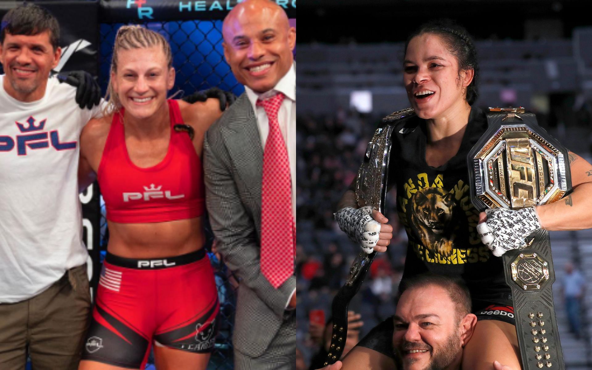 Kayla Harrison with her team (left; Image credit: @judokayla on Instagram) and Amanda Nunes being carried by her head coach (right)