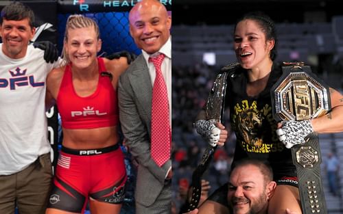 Kayla Harrison with her team (left; Image credit: @judokayla on Instagram) and Amanda Nunes being carried by her head coach (right)