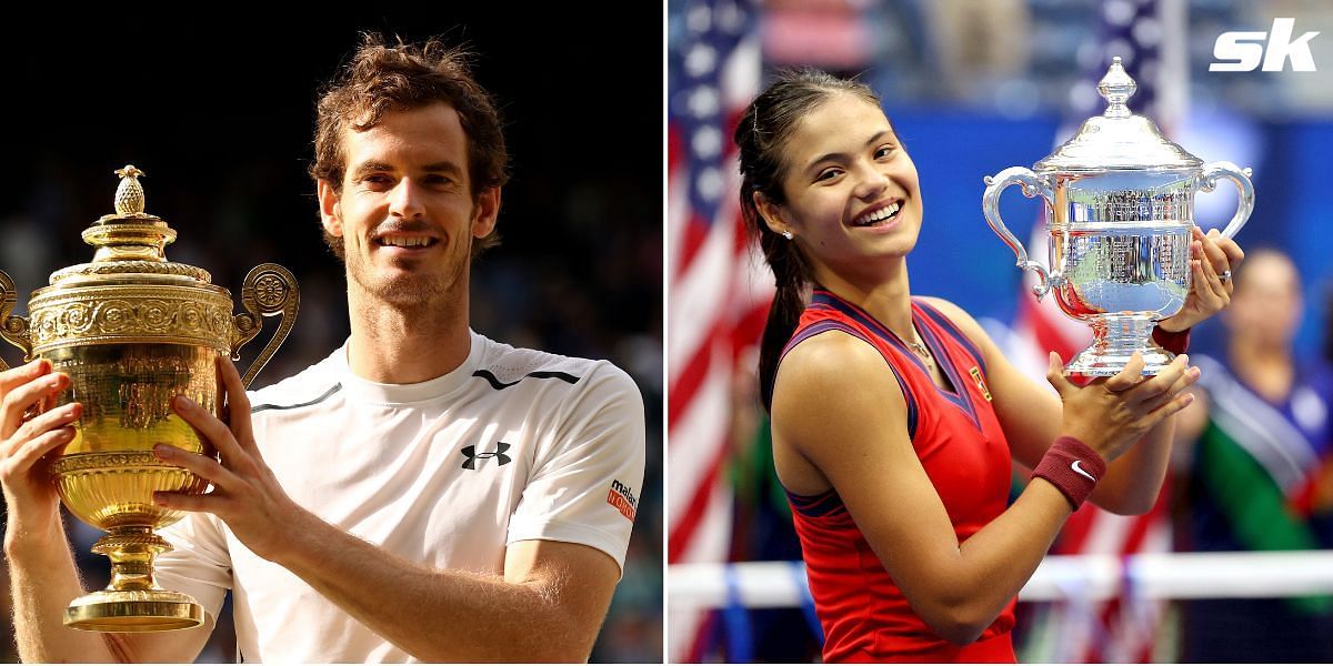 Andy Murray with the Wimbledon trophy and Emma Raducanu with the US Open title