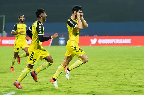 Edu Garcia celebrating after scoring a goal for Hyderabad FC against Odisha FC. (Image Courtesy: Twitter/IndSuperLeague)