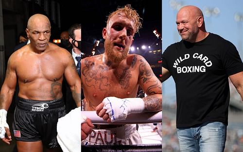 Mike Tyson (left), Jake Paul (center) and Dana White (right)