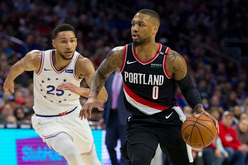 Damian Lillard of the Portland Trail Blazers against Philadelphia 76ers' Ben Simmons