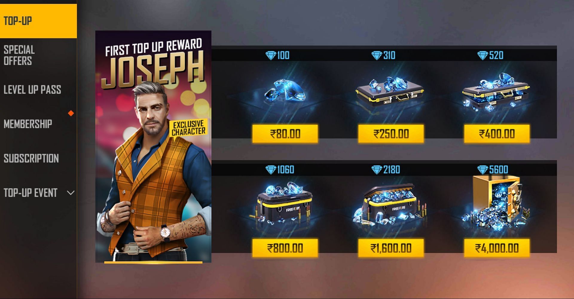 Users have six top up packs (Image via Free Fire)