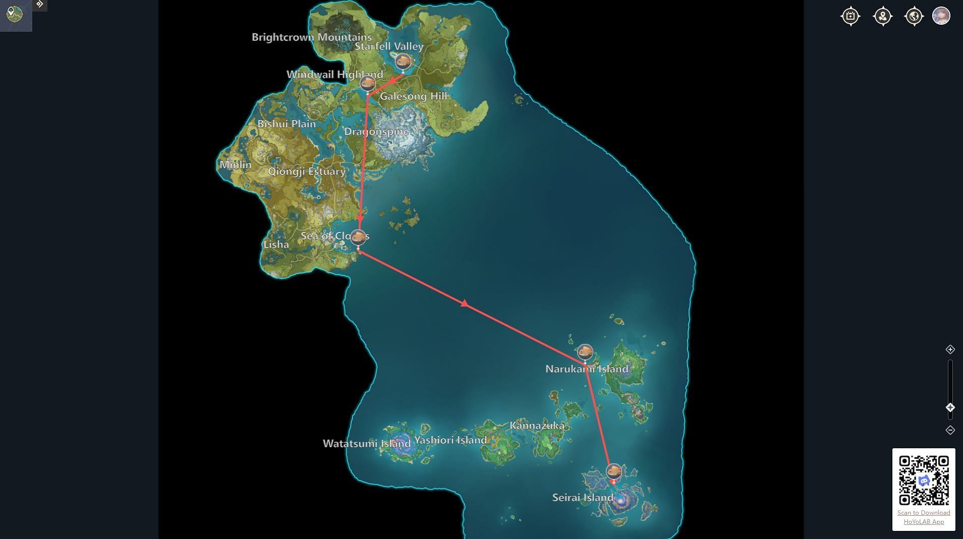 Best fishing route for Pufferfish (Image via Genshin Impact Interactive Map)