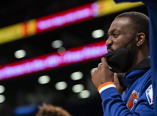 Kemba Walker of the New York Knicks reacts during a game against the Brooklyn Nets at Barclays Center on Nov. 30, 2021, in the Brooklyn borough of New York City.