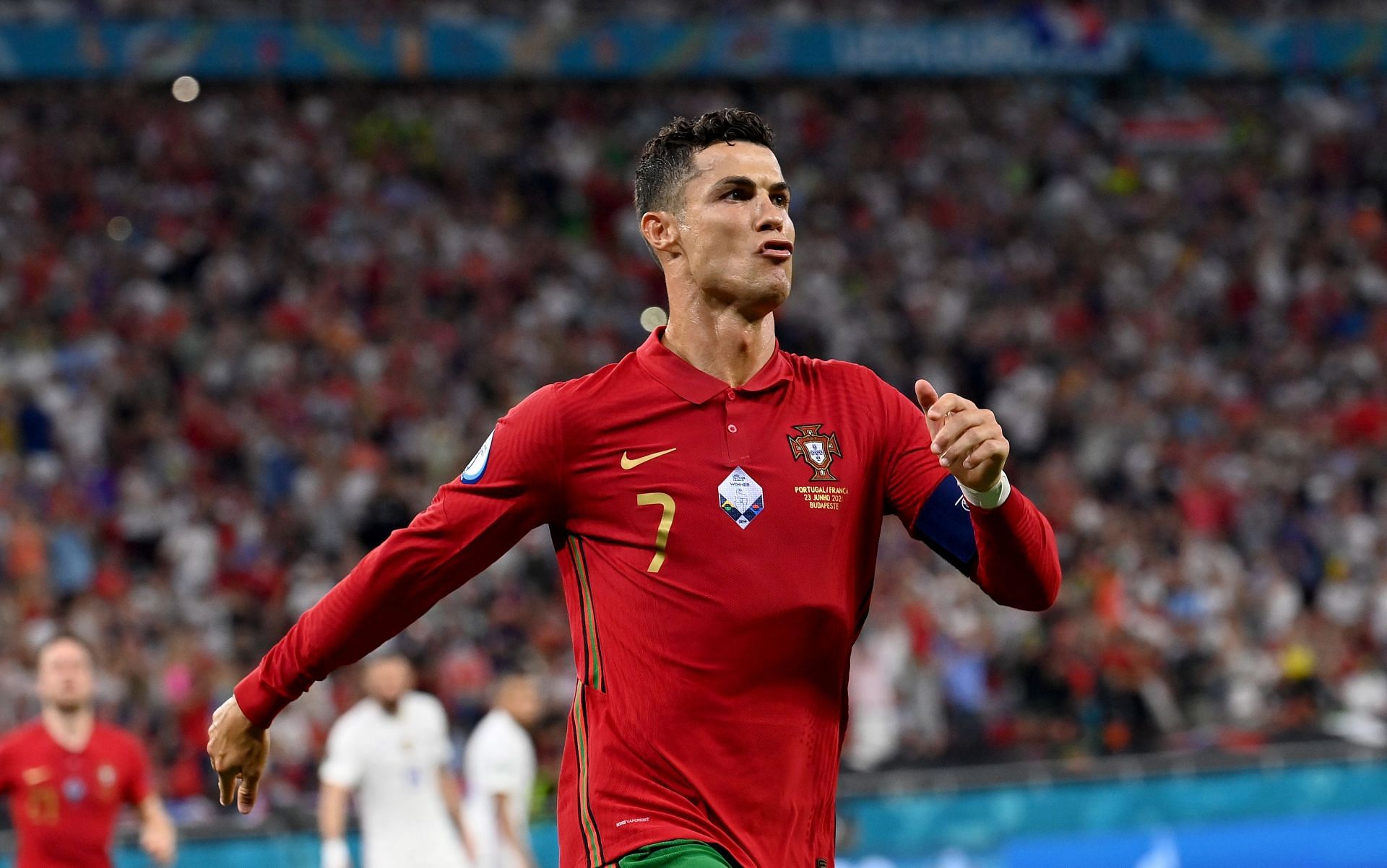 Cristiano Ronaldo moments before belting out his iconic celebration.