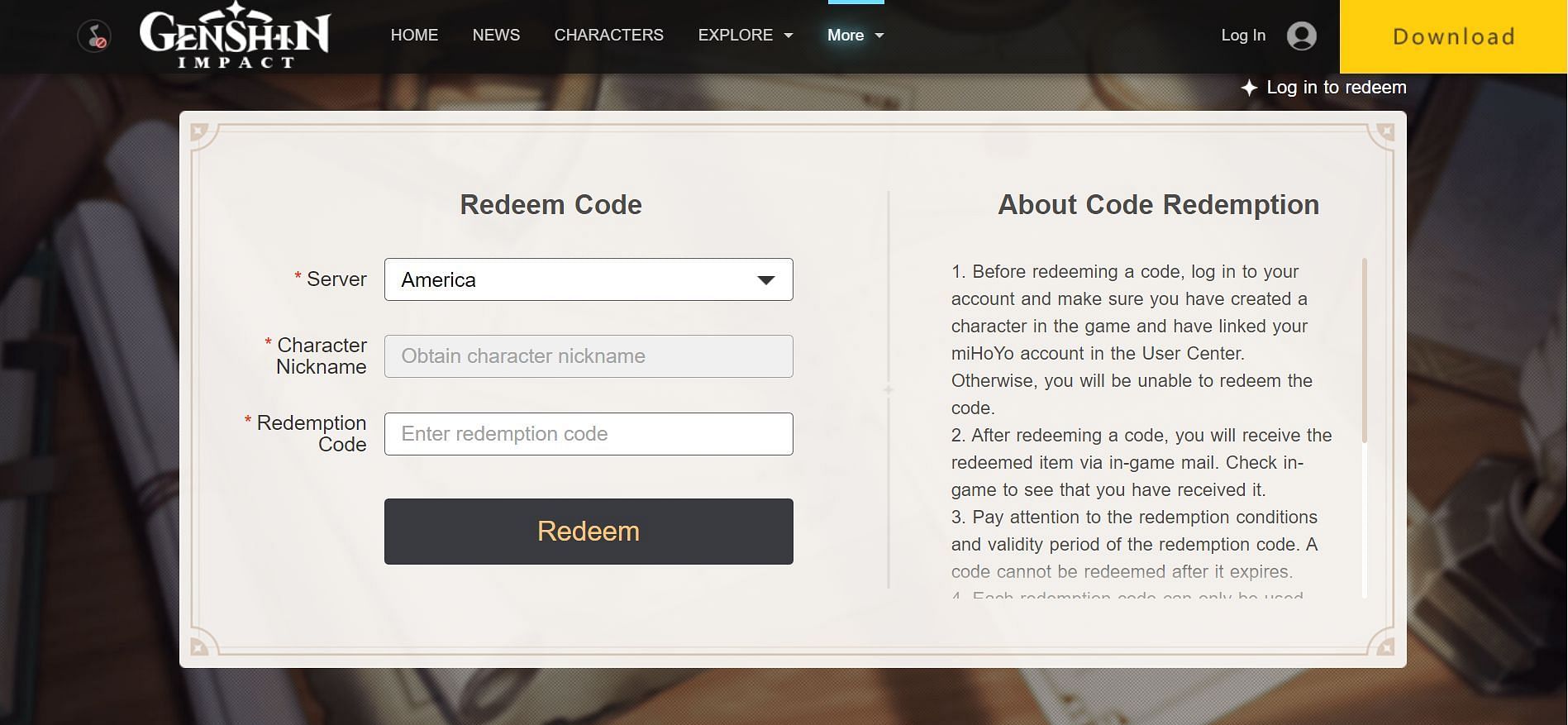 Website method of redeeming code (Image via Genshin Impact)