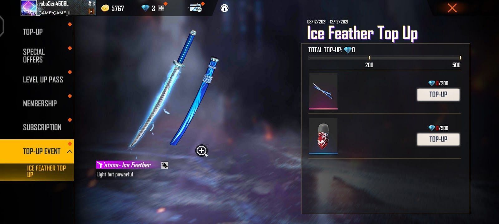 Ice feather Top-up event (Image via Garena)