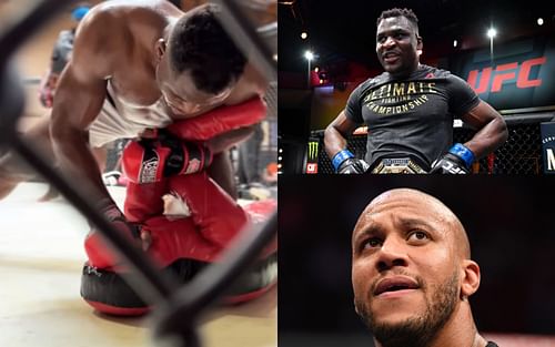 Ngannou landing ground and pound (left) (*Image courtesy: @francisngannou Instagram); Francis Ngannou (top right) and Ciryl Gane (bottom right) (*Images courtesy: Getty)