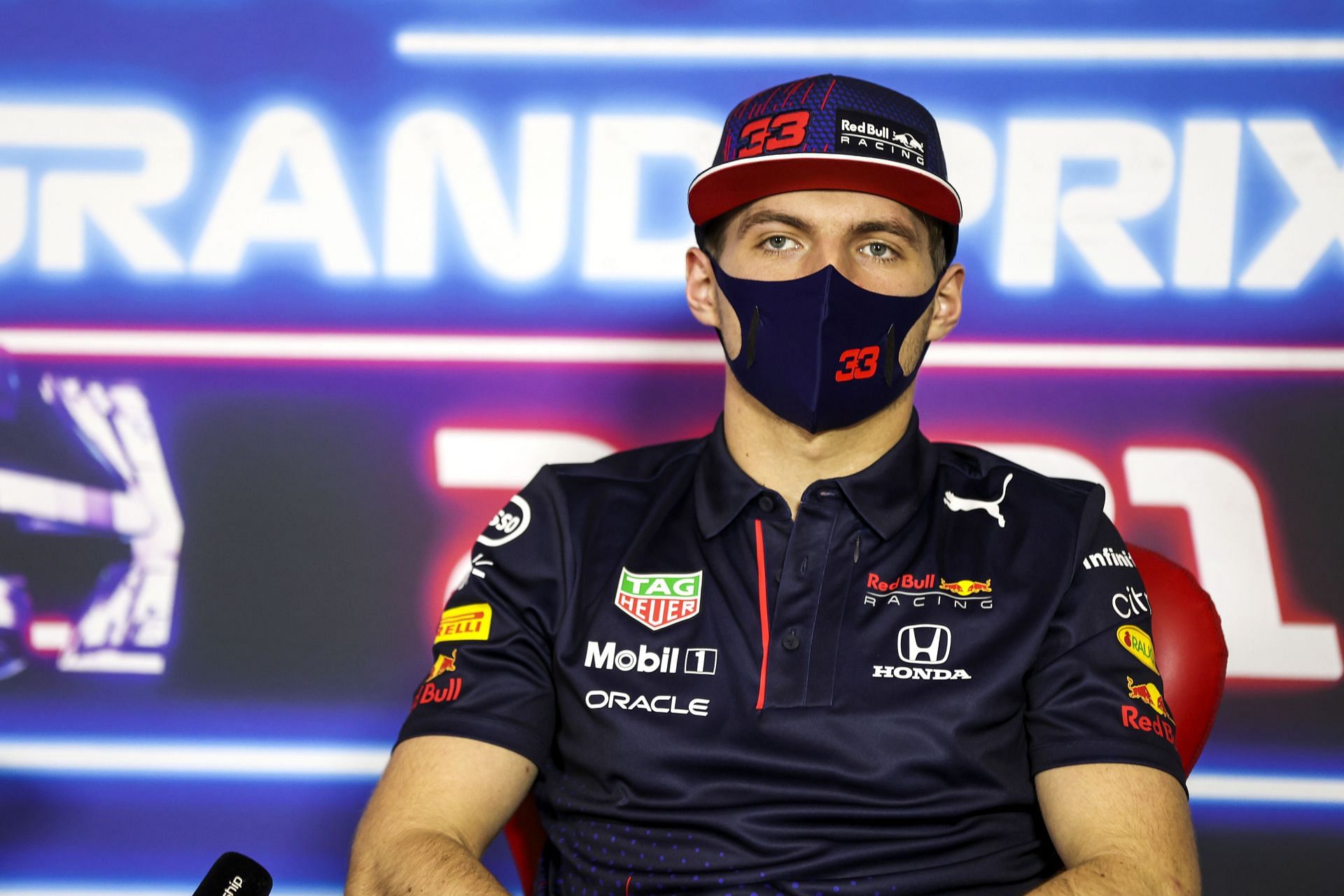 Max Verstappen talks in the Drivers Press Conference during previews ahead of the 2021 Abu Dhabi Grand Prix. (Photo by Antonin Vincent - Pool/Getty Images)